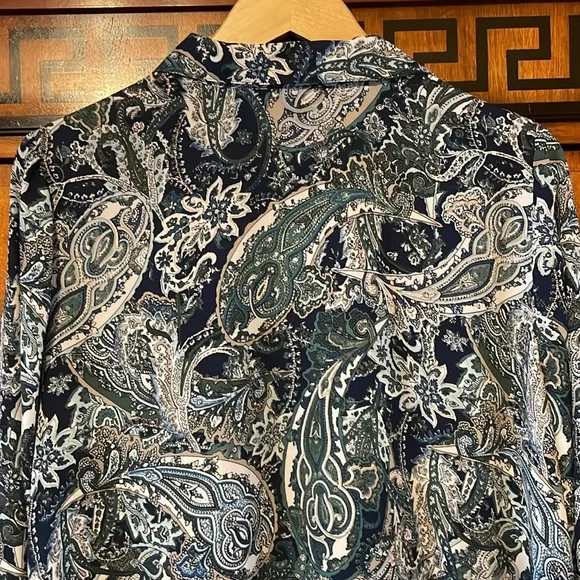 Roz & Ali 1X Paisley Button Down Blouse Blue Green Boho Flowy Women Plus Top - Picture 9 of 14